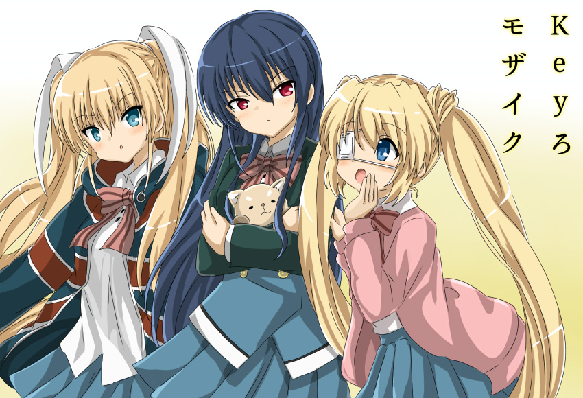 3girls, :o, absurdres, alice_cartelet, alice_cartelet_(cosplay), angel_beats!, aqua_eyes, black_hair