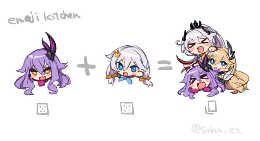 >_<, 3girls, :d, blonde_hair, blue_eyes, blush_stickers, character_request, chibi
