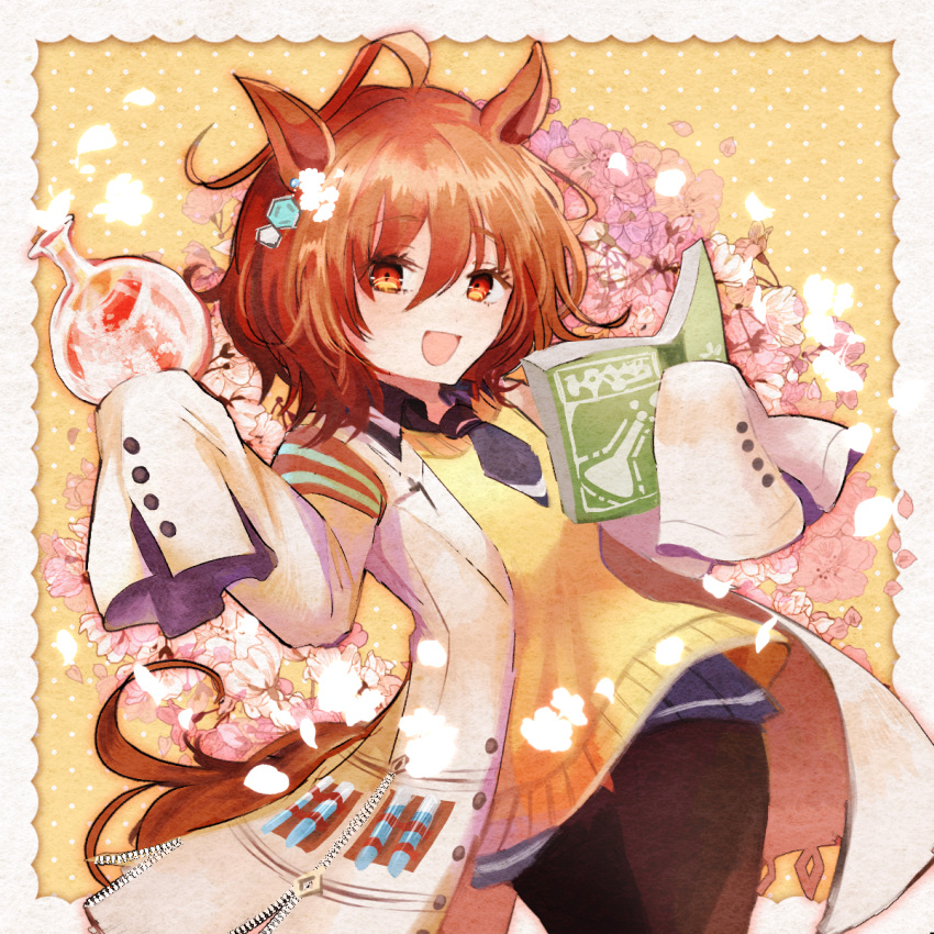 1girl, agnes_tachyon_(umamusume), animal_ears, armband, black_pantyhose, blue_necktie, blue_skirt, book, brown_hair, commentary_request, cowlick, flask, flower, hands_up, hexagon_hair_ornament, highres, holding, holding_book, holding_flask, horse_ears, horse_girl, horse_tail, looking_at_viewer, necktie, oonohara_kenya, open_book, open_mouth, orange_eyes, pantyhose, petals, pink_flower, pleated_skirt, polka_dot, polka_dot_background, round-bottom_flask, short_hair, short_necktie, simple_background, skirt, sleeves_past_fingers, sleeves_past_wrists, smile, solo, sweater, tail, test_tube, umamusume, yellow_background, yellow_sweater