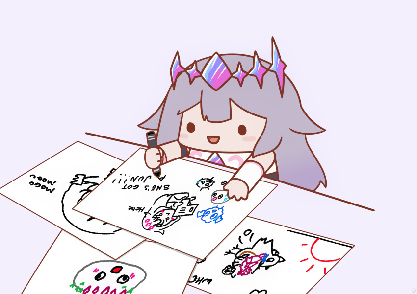 1girl, :d, absurdres, blush_stickers, bracelet, chibi, child's_drawing, drawing