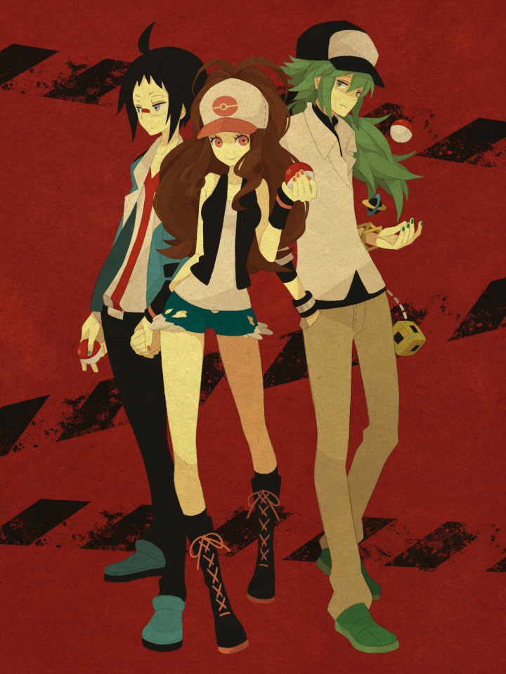 bad_id, baseball_cap, black_hair, boots, brown_hair, cheren_(pokemon), denim, denim_shorts, glasses, green_hair, hand_in_pocket, hat, holding_hands, legs, n_(pokemon), nail_polish, pink_eyes, poke_ball, pokemon, pokemon_(game), pokemon_black_and_white, pokemon_bw, ponytail, shoes, shorts, skinny_jeans, sneakers, tank_top, touko_(pokemon), vest, wristband