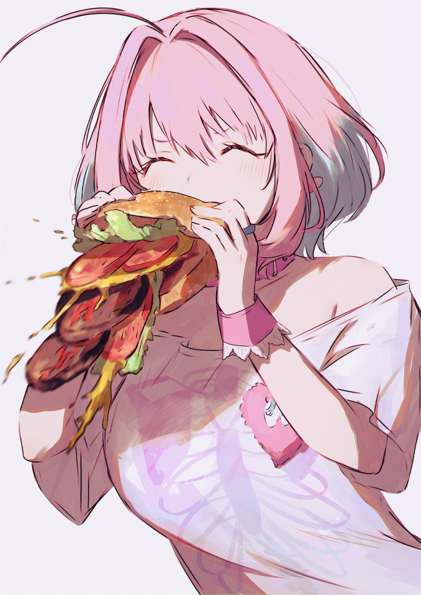 1girl, ^_^, absurdres, ahoge, bare_shoulders, blue_hair, breasts, burger