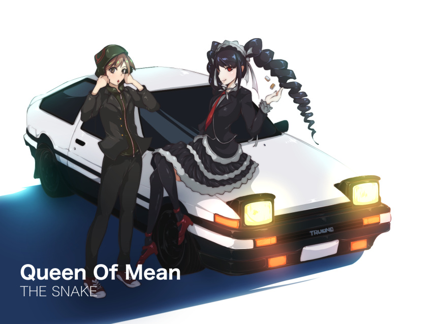 1boy, 1girl, :o, beanie, black_jacket, black_pants, black_shirt, black_thighhighs, car, celestia_ludenberg, collared_shirt, crossover, danganronpa:_trigger_happy_havoc, danganronpa_(series), drill_hair, green_headwear, hairband, hat, high_heels, highres, initial_d, jacket, lolita_hairband, long_hair, looking_at_viewer, mahjong, mahjong_tile, motor_vehicle, naegi_makoto, naosorakado, necktie, on_vehicle, pants, red_eyes, red_footwear, red_necktie, shadow, shirt, shoes, simple_background, sitting, smile, sneakers, standing, thigh-highs, toyota, toyota_sprinter_trueno, twin_drills, vehicle_focus, very_long_hair, white_background