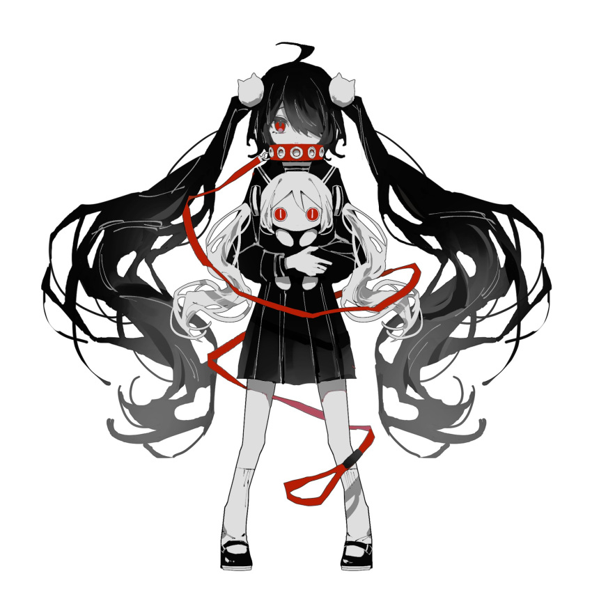 1girl, ahoge, aimaina, animal_collar, black_serafuku, bokura_wa_minna_imi_fumei_(vocaloid), cat_hair_ornament, closed_mouth, collar, commentary, expressionless, full_body, greyscale, hair_ornament, hair_over_one_eye, highres, holding_chibi, kneehighs, leash, long_hair, long_sleeves, looking_at_viewer, mary_janes, monochrome, one_eye_covered, pleated_skirt, red_collar, red_eyes, school_uniform, serafuku, shoes, simple_background, skirt, socks, solo, spot_color, standing, straight-on, very_long_hair, vocaloid, watanabe_(seizouhanbai)