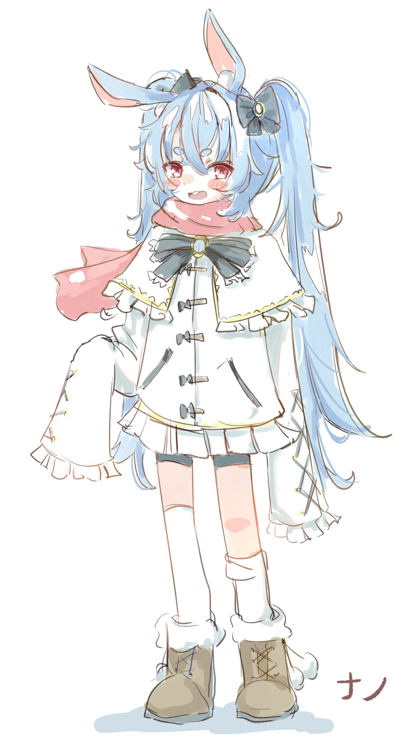 :d, absurdres, animal_ear_fluff, animal_ears, black_bow, black_shorts, blue_coat, blue_hair, bow, brown_footwear, coat, frills, hair_bow, highres, indie_virtual_youtuber, kneehighs, long_hair, nanobites, open_mouth, rabbit_ears, red_eyes, red_scarf, scarf, shorts, sleeves_past_fingers, sleeves_past_wrists, smile, socks, teeth, upper_teeth_only, very_long_hair, very_long_sleeves, virtual_youtuber, wwparasi