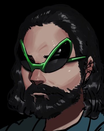 1boy, alien_sunglasses, beard, black_hair, facial_hair, lowres, male_focus, mano_(manobece)