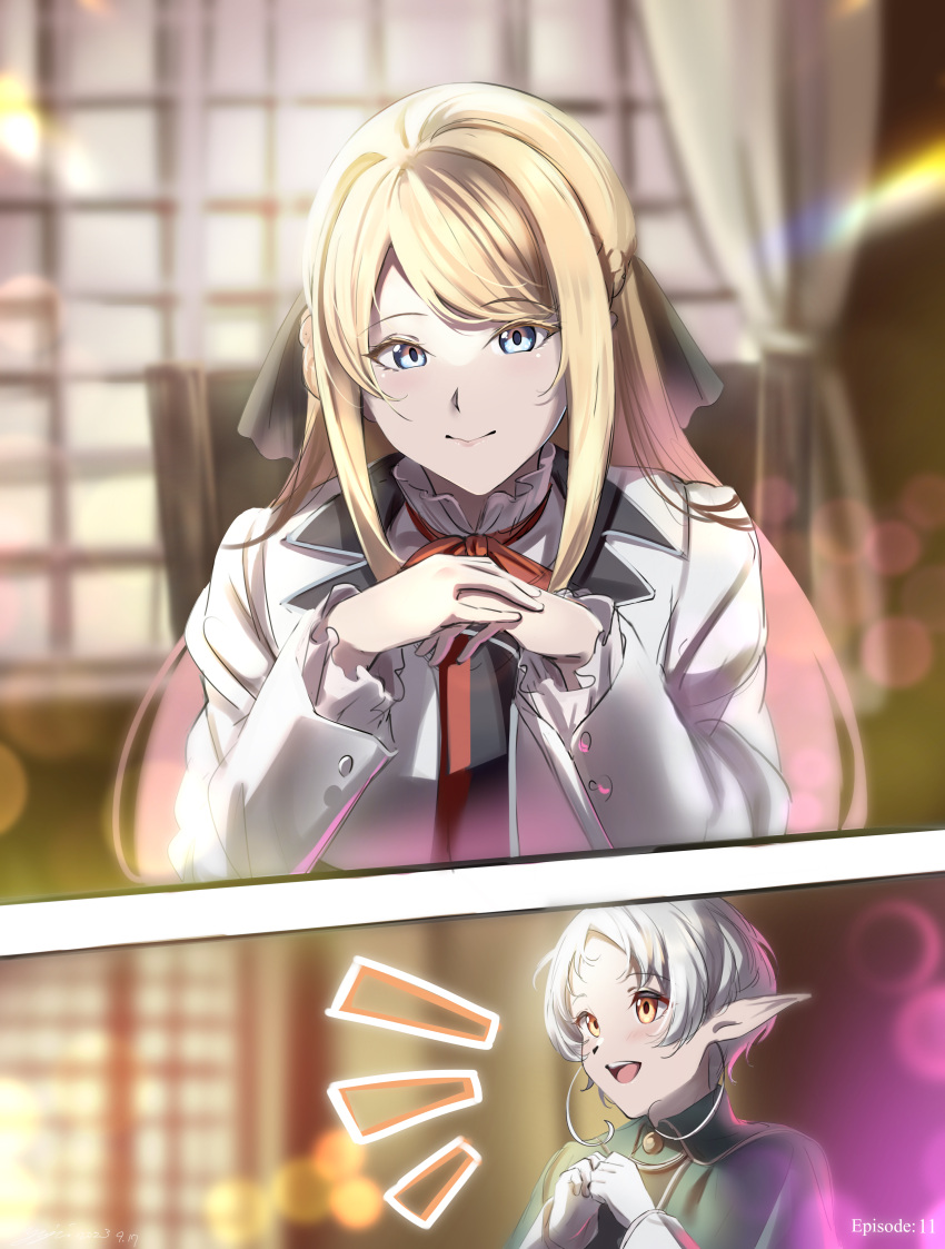 2girls, :d, absurdres, ariel_anemoi_asura, blonde_hair, blue_eyes, braid, cloak