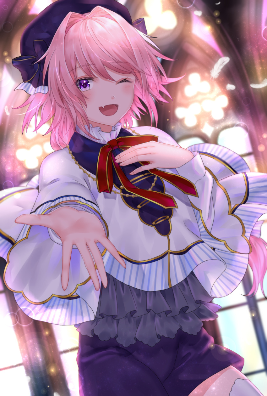 1boy, :d, astolfo_(angel_breath)_(fate), astolfo_(fate), azaka_(rionrita), backlighting, beckoning, beret, blue_headwear, blue_shorts, blush, bow, bowtie, cloak, commentary_request, fang, fate/grand_order, fate_(series), fingernails, frilled_shirt_collar, frills, grey_shirt, hair_between_eyes, hair_intakes, hands_on_own_chest, hat, highres, indoors, long_braid, long_hair, male_focus, official_alternate_costume, one_eye_closed, open_mouth, otoko_no_ko, pink_hair, reaching, reaching_towards_viewer, red_bow, red_bowtie, shirt, shorts, skin_fang, smile, thigh-highs, violet_eyes, white_cloak, white_thighhighs