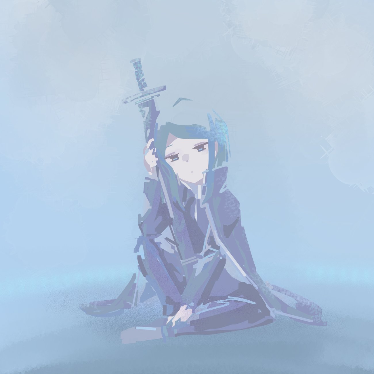 1other, black_coat, black_shirt, blue_background, blue_eyes, blue_hair, coat, expressionless