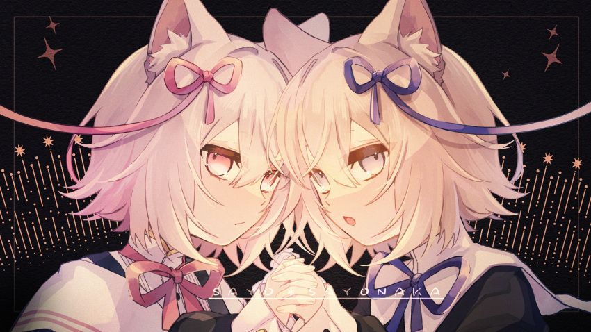 2girls, animal_ear_fluff, animal_ears, black_background, black_shirt, blonde_hair, blue_ribbon, cat_ears