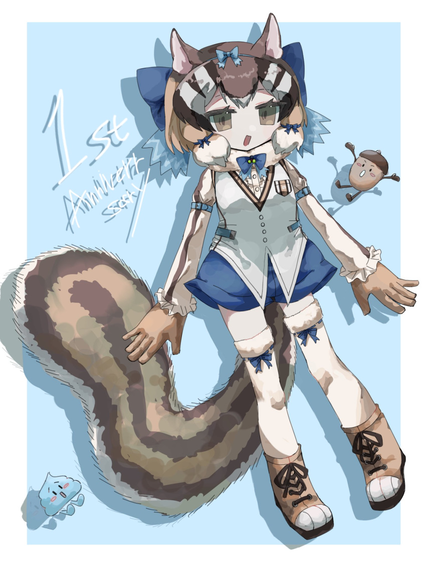 1girl, acorn, animal_ears, anniversary, blue_background, boots, brown_eyes, brown_hair, chipmunk_ears, chipmunk_girl, chipmunk_tail, extra_ears, gloves, highres, kemono_friends, kemono_friends_v_project, kneehighs, microphone, ribbon, saba_ru, shirt, short_hair, shorts, siberian_chipmunk_(kemono_friends), simple_background, socks, tail, vest, virtual_youtuber