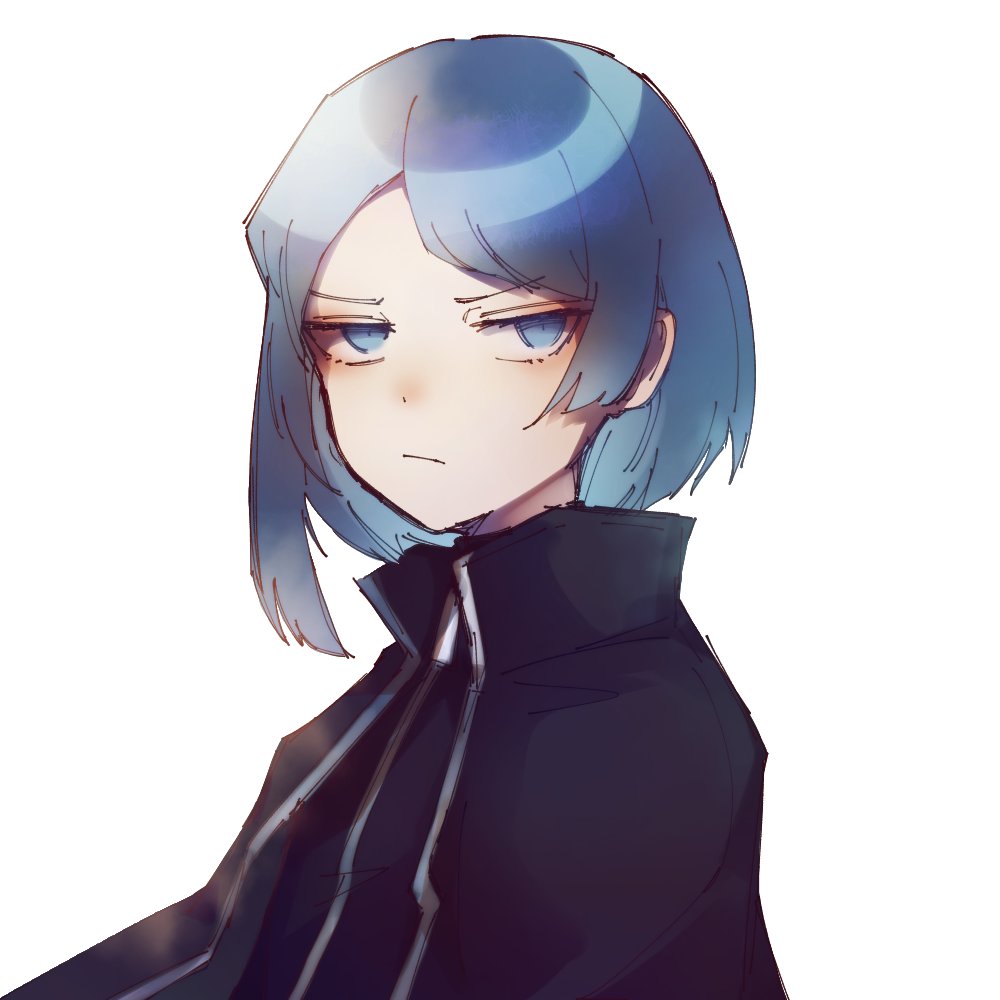 1other, annoyed, black_coat, black_shirt, blue_eyes, blue_hair, coat, cut_bangs