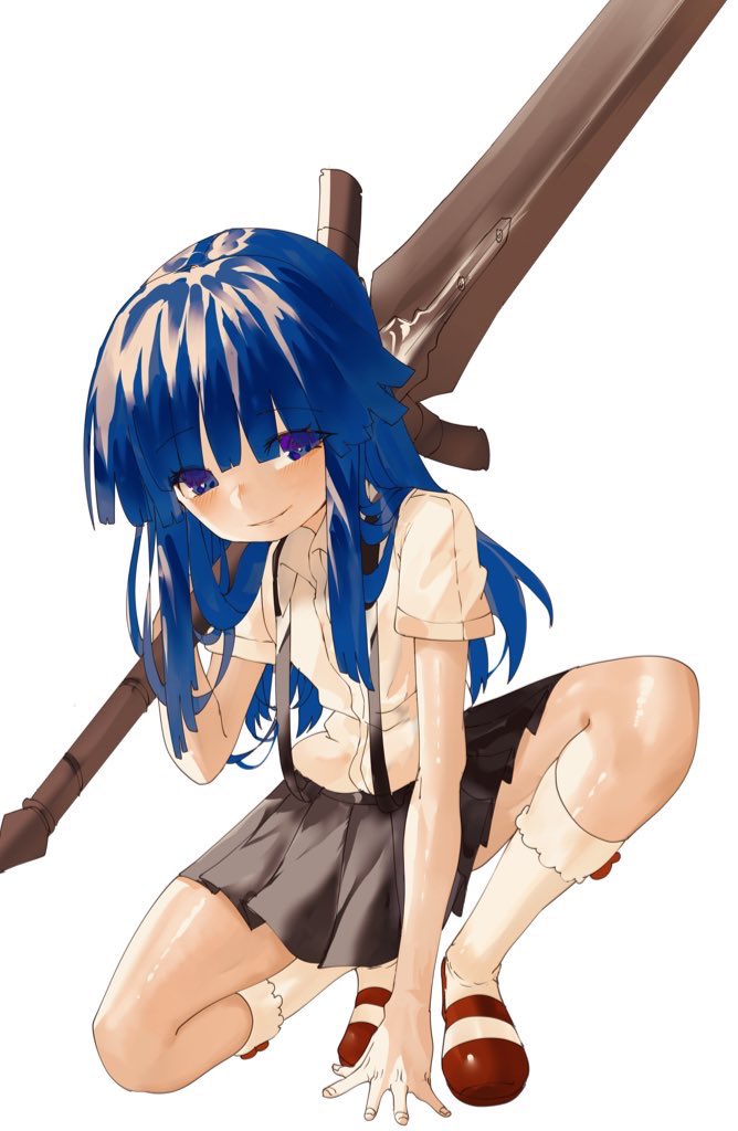 1girl, arm_support, black_skirt, blue_eyes, blue_hair, closed_mouth, commentary, english_commentary