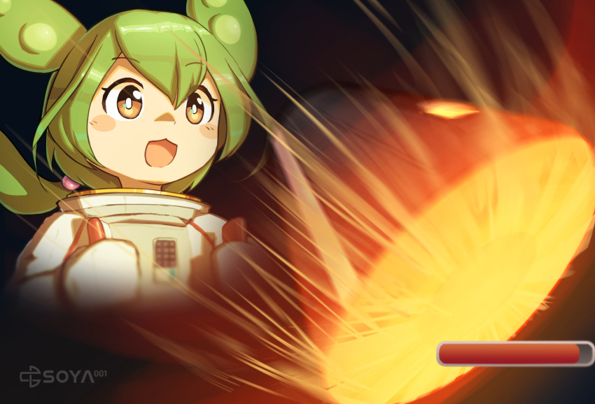 1girl, artist_logo, atmospheric_reentry, blush_stickers, bright_pupils, chestnut_mouth, controller, dark_background