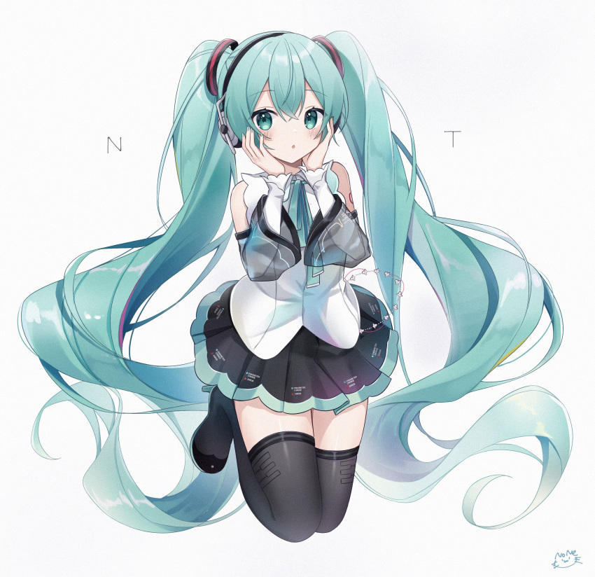 1girl, absurdres, aqua_bow, aqua_bowtie, aqua_eyes, black_skirt, black_thighhighs, bow, bowtie, commentary, detached_sleeves, english_text, grey_sleeves, hands_on_own_cheek, hatsune_miku, hatsune_miku_(nt), headset, highres, jumping, long_hair, looking_at_viewer, noneon319, parted_lips, pleated_skirt, see-through, see-through_sleeves, shirt, signature, simple_background, skirt, solo, thigh-highs, twintails, very_long_hair, vocaloid, wavy_hair, white_background, white_shirt