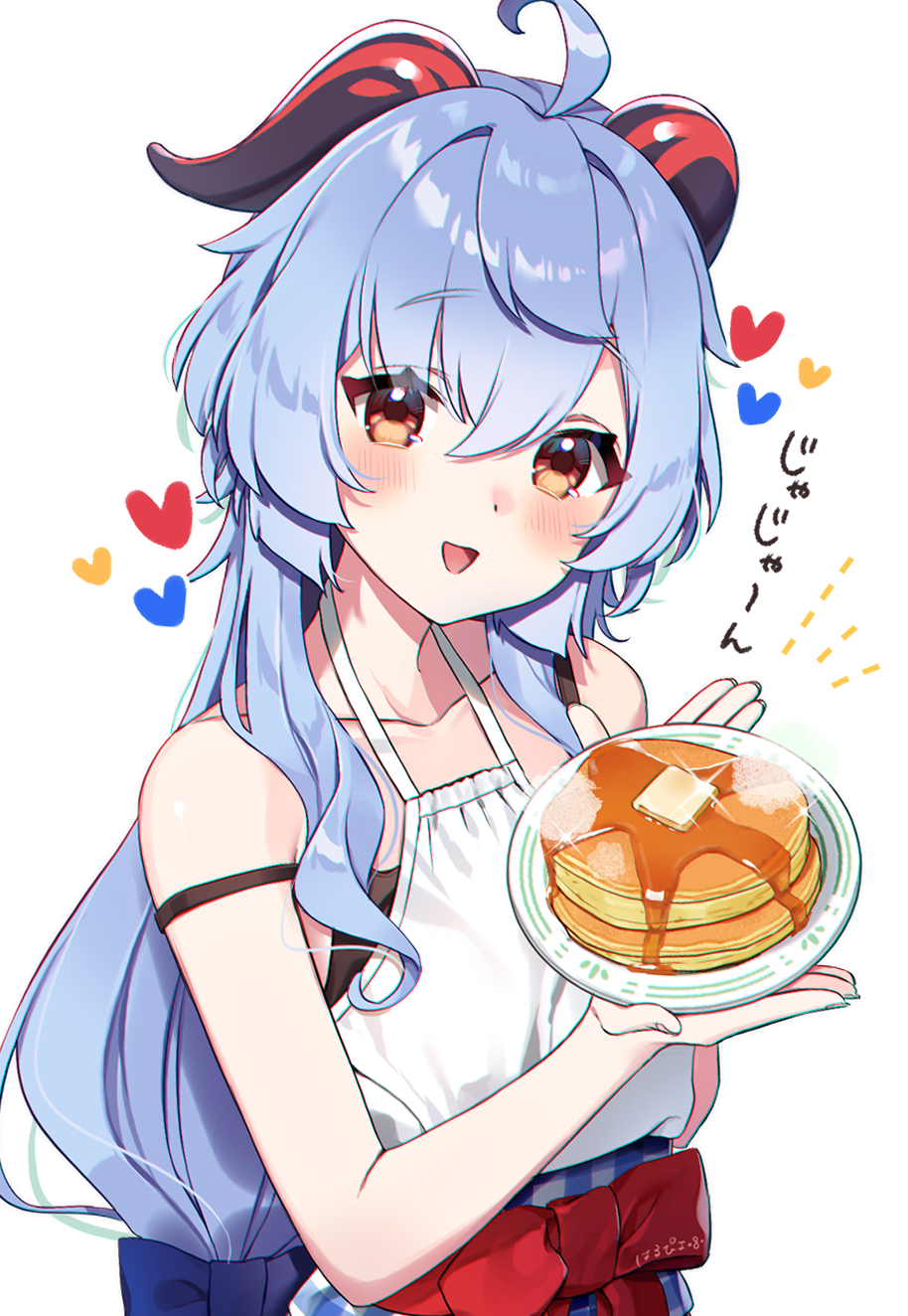 1girl, ahoge, alternate_costume, bare_shoulders, blue_hair, breasts, food, ganyu_(genshin_impact)
