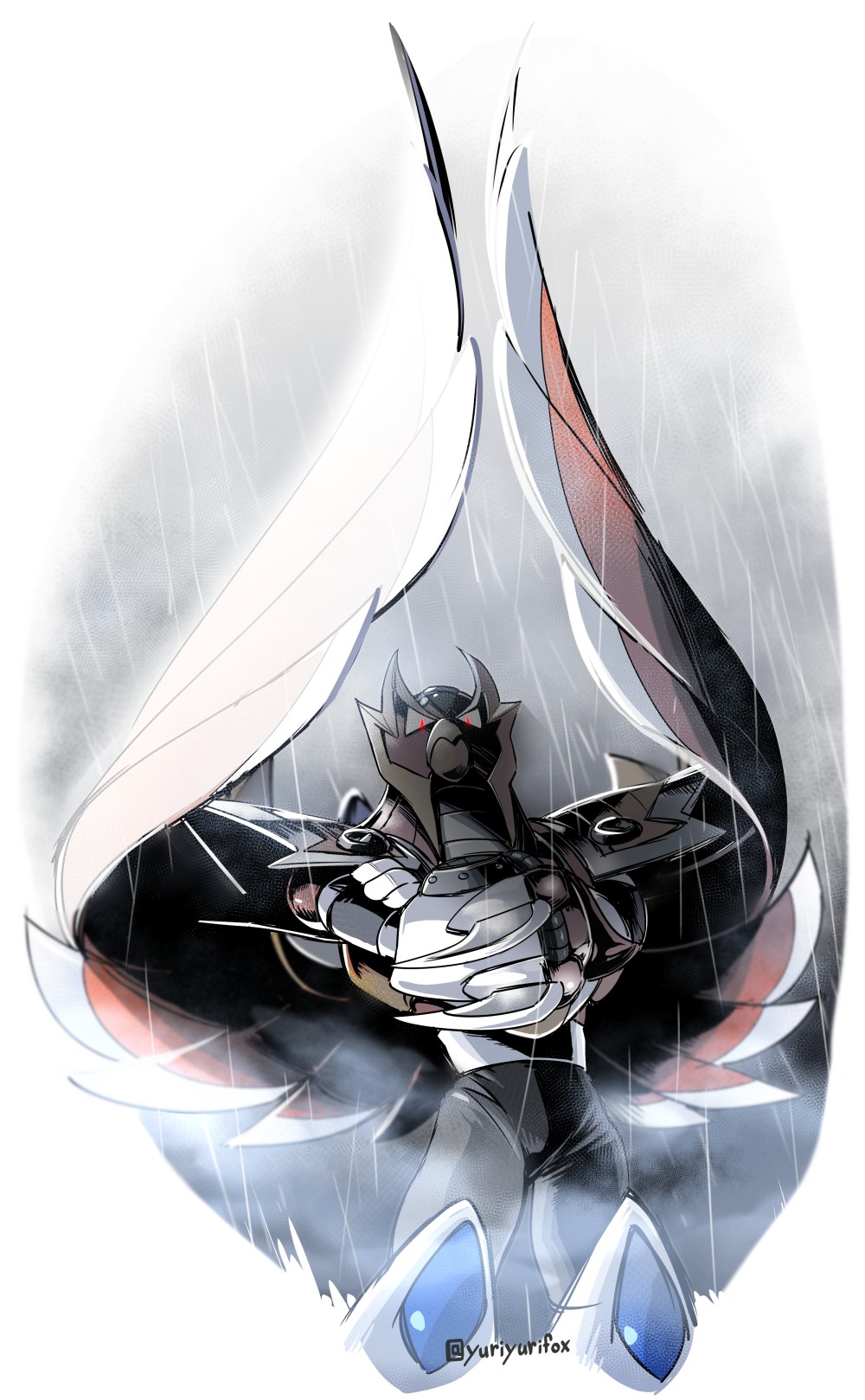 1boy, android, arm_cannon, commentary_request, crossed_arms, glaring, highres, looking_at_viewer
