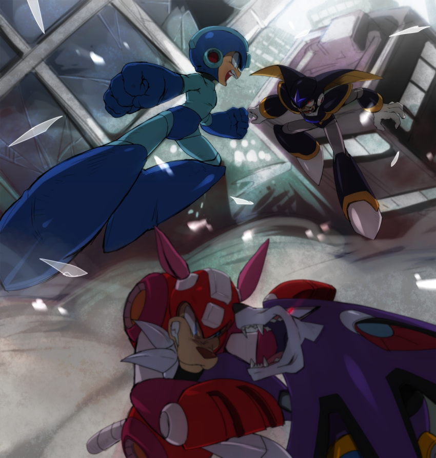 2boys, bass_(mega_man), battle, blue_eyes, clenched_hands, commentary_request, fangs, helmet
