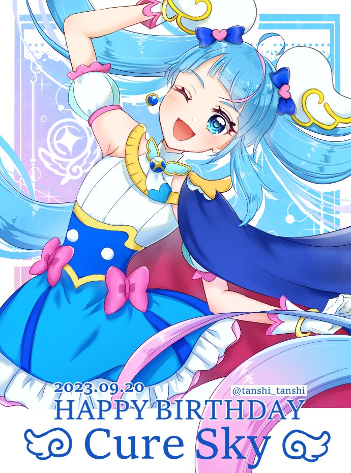 1girl, blue_background, blue_cape, blue_eyes, blue_hair, border, brooch, cape, character_name, cure_sky, cut_bangs, dated, detached_sleeves, dress, earrings, fingerless_gloves, gloves, happy_birthday, hirogaru_sky!_precure, jewelry, long_hair, magical_girl, one_eye_closed, pink_background, precure, puffy_detached_sleeves, puffy_sleeves, red_cape, single_sidelock, smile, solo, sora_harewataru, tanshi_tanshi, twintails, two-sided_cape, two-sided_fabric, very_long_hair, white_border, white_gloves, wing_brooch, wing_hair_ornament
