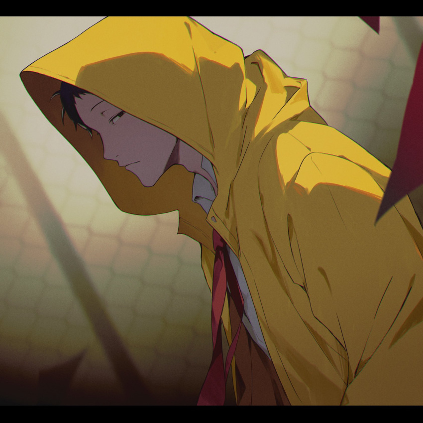 1boy, adachi_tooru, black_eyes, black_hair, chain-link_fence, closed_mouth, coat, collared_shirt