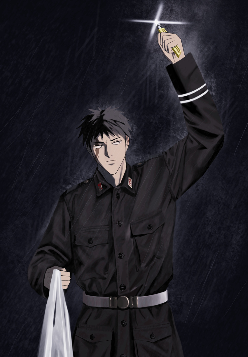 1boy, arm_up, bag, black_coat, black_eyes, black_hair, boxcutter, buraiden_gai