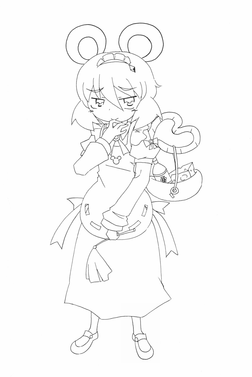 alternate_costume, animal_ears, highres, lineart, maid, monochrome, mouse_ears, mouse_tail