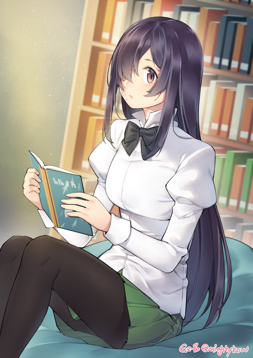 1girl, black_bow, black_bowtie, black_hair, black_pantyhose, book, bookshelf, bow