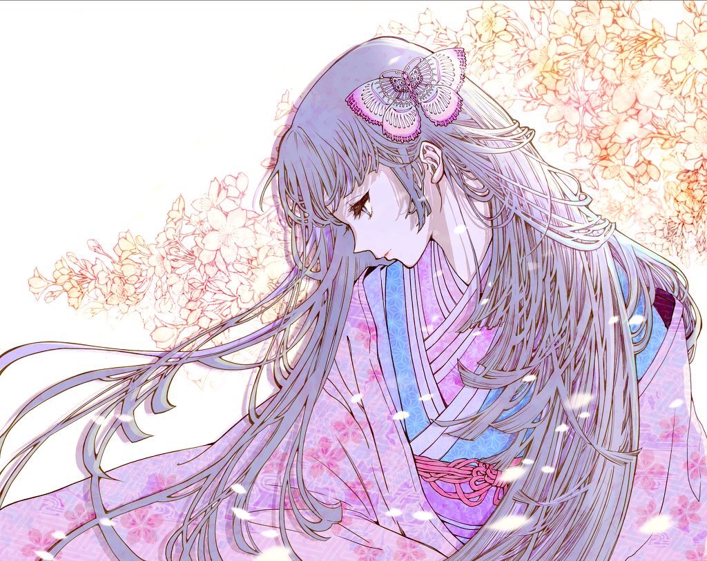 8rami2ki, butterfly_hair_ornament, flower, grey_hair, hair_ornament, japanese_clothes, kimono, long_hair