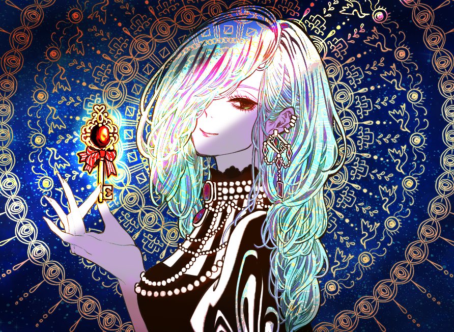 1girl, 8rami2ki, breasts, brown_eyes, earrings, jewelry, medium_breasts, multicolored_hair, solo
