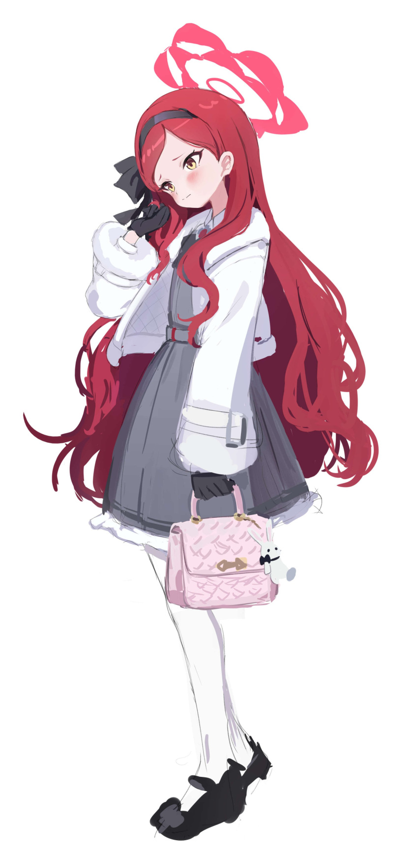 1girl, absurdres, bag, black_footwear, black_gloves, black_hairband, blue_archive, blush, closed_mouth, commentary_request, full_body, fur-trimmed_jacket, fur_trim, gloves, grey_skirt, hair_ribbon, hairband, halo, hand_up, higashigure, highres, holding, holding_bag, jacket, loafers, long_hair, long_sleeves, looking_down, open_clothes, open_jacket, pantyhose, pink_bag, playing_with_own_hair, pleated_skirt, red_halo, redhead, ribbon, shoes, simple_background, skirt, solo, standing, takane_(blue_archive), white_background, white_jacket, white_pantyhose, yellow_eyes