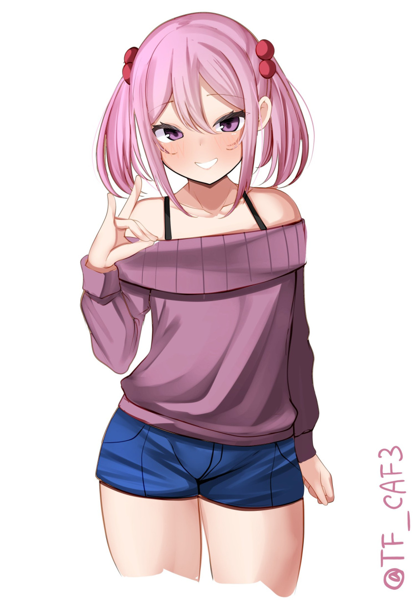 1girl, alternate_costume, blue_shorts, denim, denim_shorts, fox_shadow_puppet, hair_bobbles, hair_ornament, highres, kantai_collection, off-shoulder_sweater, off_shoulder, one-hour_drawing_challenge, pink_eyes, pink_hair, purple_sweater, sazanami_(kancolle), short_hair, shorts, simple_background, smile, solo, sweater, tf_cafe, twintails, twitter_username, white_background