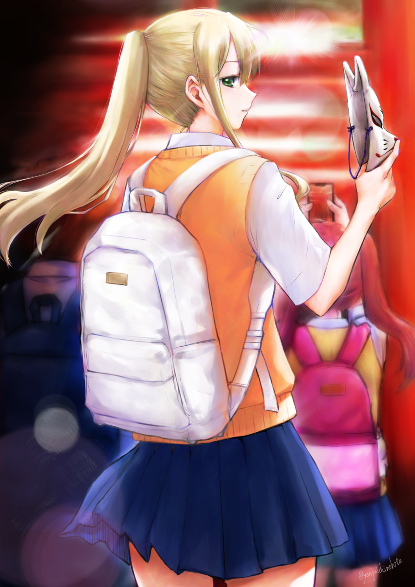 2girls, andou_kanna, backpack, bag, blonde_hair, blue_skirt, boku_no_kokoro_no_yabai_yatsu, cellphone, collared_shirt, fox_mask, from_behind, fushimi_inari_taisha, hanzawa_yurine, highres, holding, holding_phone, lens_flare, long_hair, looking_at_viewer, mask, mask_on_head, multiple_girls, multiple_torii, outdoors, parted_lips, phone, pleated_skirt, ponytail, profile, redhead, shijuuichi, shirt, skirt, smartphone, sweater_vest, torii, twintails, twitter_username, white_shirt, yellow_sweater_vest
