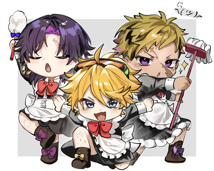 3boys, :d, :o, ahoge, alternate_costume, apron, arm_up, black_dress