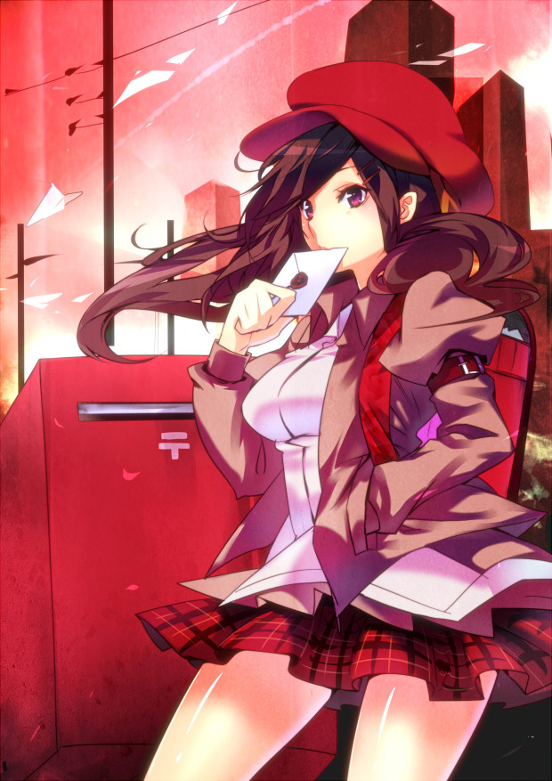 bad_id, bag, brown_hair, hair_ornament, hairpin, hand_in_pocket, hat, letter, mailbox, original, plaid, plaid_skirt, pole, postbox, skirt, solo, suisen, suisen_(aqua_rubia), tartan