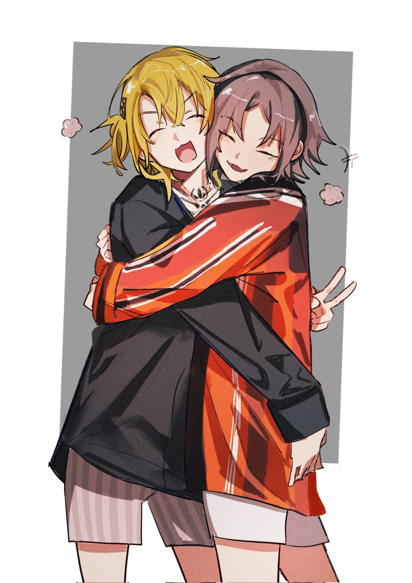 +++, 2boys, :d, ^_^, black_shirt, blonde_hair, blush, brown_hair