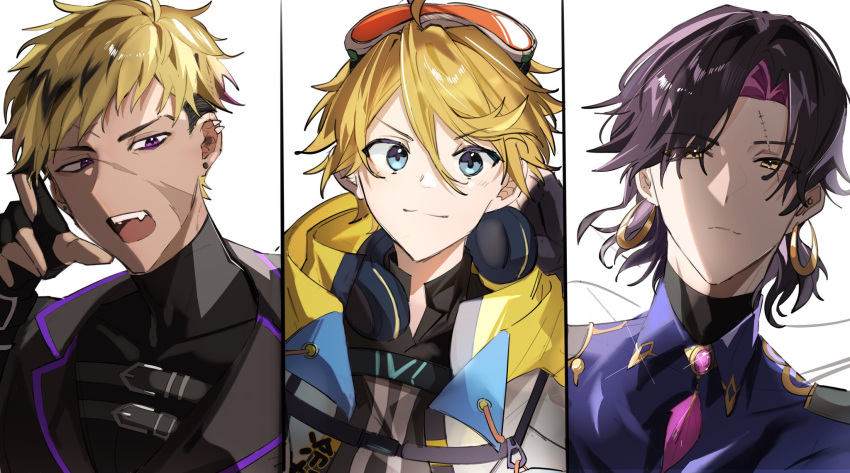 3boys, ahoge, black_gloves, black_hair, black_shirt, black_vest, blonde_hair, blue_eyes, blue_shirt, closed_mouth, collared_shirt, colored_inner_hair, commentary, covered_collarbone, dark-skinned_male, dark_skin, drawstring, ear_piercing, earrings, english_commentary, fang, feathers, fingerless_gloves, gem, glint, gloves, goggles, goggles_on_head, hand_up, headphones, headphones_around_neck, highres, jacket, jewelry, jieli, krisis, lapels, looking_at_viewer, male_focus, multicolored_hair, multiple_boys, nijisanji, nijisanji_en, open_clothes, open_jacket, open_mouth, piercing, pink_gemstone, pink_hair, scar, scar_across_eye, scar_on_cheek, scar_on_face, scar_on_forehead, shirt, short_hair, simple_background, smile, stud_earrings, swept_bangs, teeth, turtleneck, two-tone_hair, undercut, upper_body, upper_teeth_only, v-shaped_eyebrows, vantacrow_bringer, vest, vezalius_bandage, violet_eyes, virtual_youtuber, white_background, yellow_eyes, yu_q._wilson