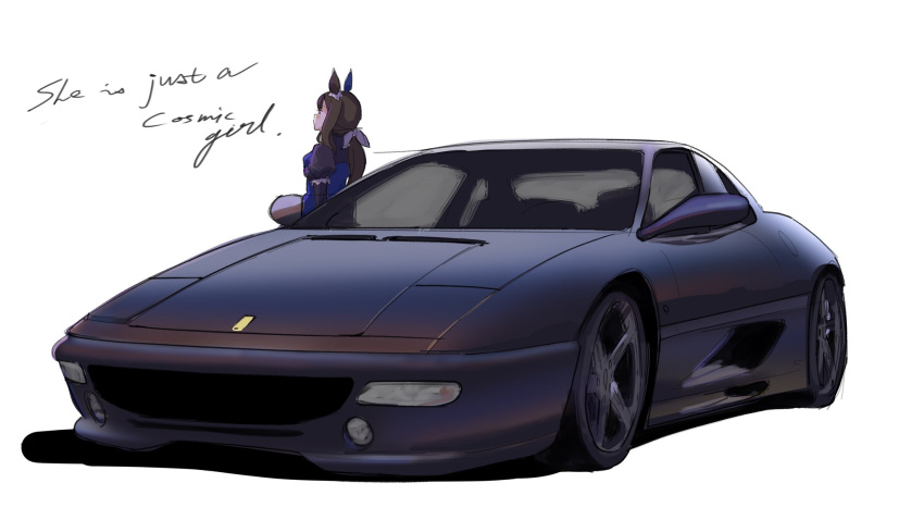 1girl, 4me_4ma, admire_vega_(umamusume), animal_ears, blue_dress, brown_hair, car, dress, ear_covers, english_commentary, english_text, ferrari, ferrari_f355, hair_ribbon, highres, horse_ears, horse_girl, juliet_sleeves, long_hair, long_sleeves, looking_up, lyrics, motor_vehicle, ponytail, puffy_sleeves, ribbon, shadow, single_ear_cover, solo, sports_car, umamusume, vehicle_focus, white_background, white_ribbon