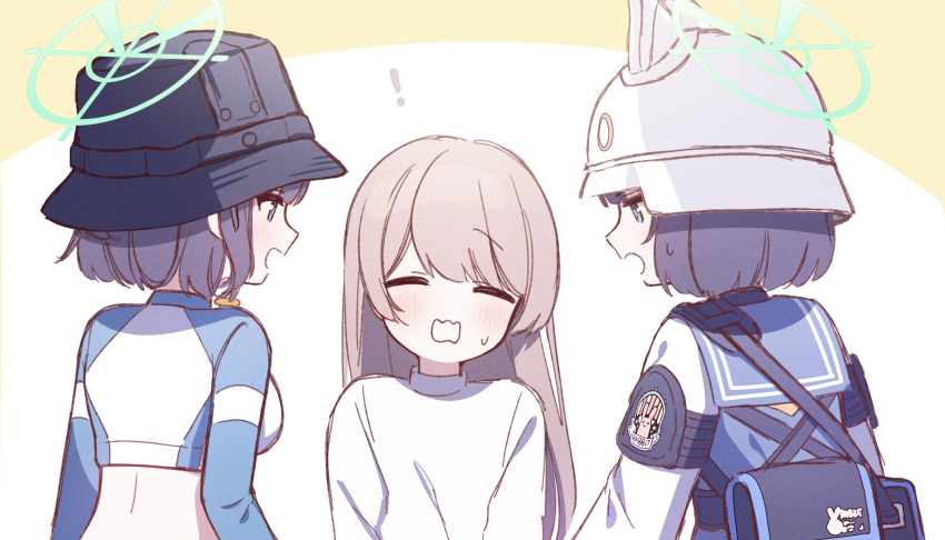 !, 3girls, animal_ears, black_bag, black_headwear, blue_archive, blue_eyes, breasts