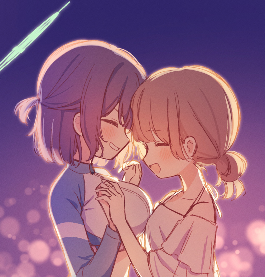 2girls, blue_archive, blush, breasts, brown_hair, closed_eyes, female_sensei_(blue_archive), green_halo