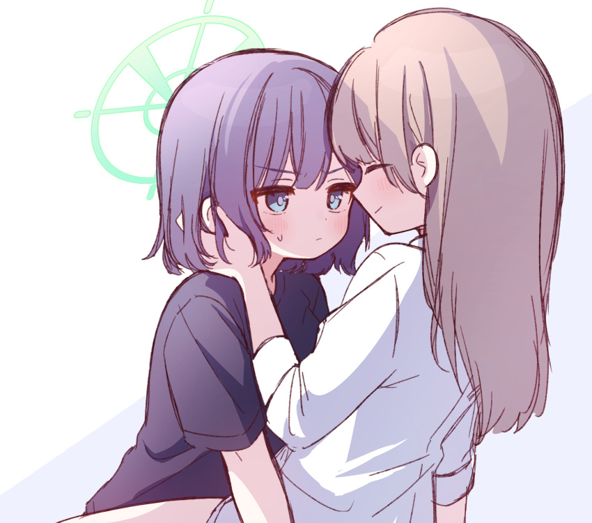 2girls, absurdres, alternate_costume, black_shirt, blue_archive, brown_hair, closed_eyes, female_sensei_(blue_archive), green_eyes, grey_background, halo, highres, hyakucha, long_hair, looking_at_another, medium_hair, multiple_girls, purple_hair, saki_(blue_archive), sensei_(blue_archive), shirt, thighs, two-tone_background, white_background, white_shirt, yuri