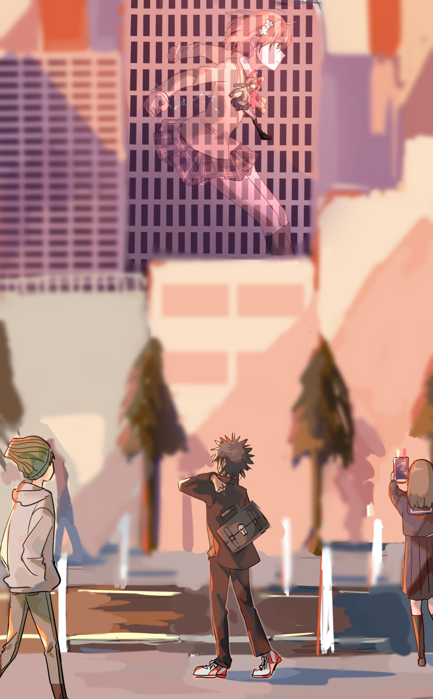 2boys, 2girls, a_certain_high_school_uniform, absurdres, bag, beanie, black_hair, brown_eyes, brown_hair, building, cellphone, electricity, falling, gakuran, hair_ornament, hat, highres, holding, holding_phone, hood, hoodie, jumping, kamijou_touma, long_hair, looking_at_another, medium_hair, misaka_mikoto, multiple_boys, multiple_girls, nmdsk, phone, road, school_bag, school_uniform, see-through_silhouette, shirt, short_hair, skirt, smartphone, spiky_hair, toaru_kagaku_no_railgun, toaru_majutsu_no_index, tokiwadai_school_uniform, tree