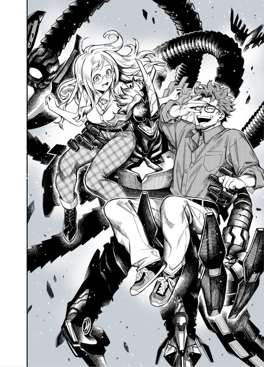 1girl, 2boys, all_might, armored_gloves, beard, belt, belt_buckle, blush