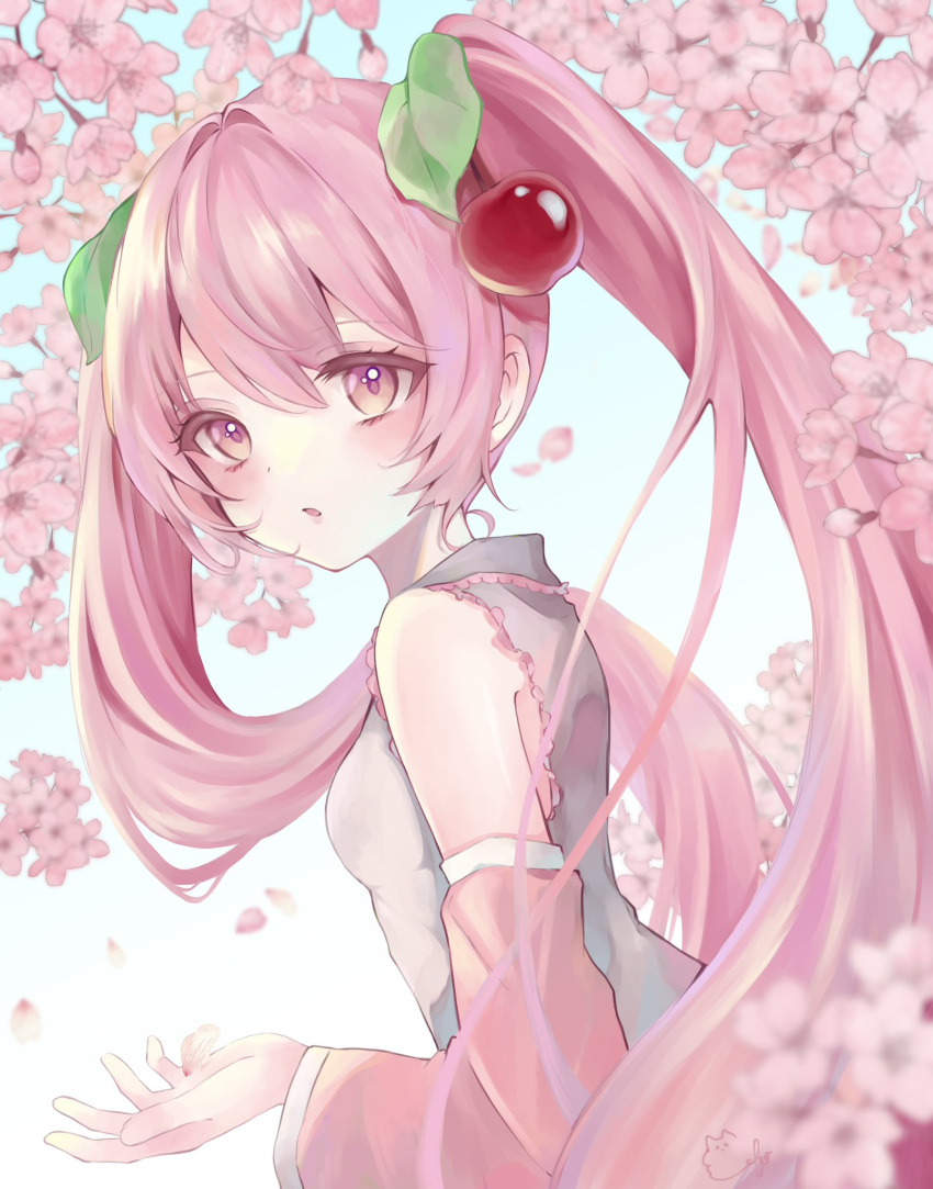 1girl, alternate_color, blush, cherry_blossoms, cherry_hair_ornament, collared_shirt, detached_sleeves, falling_petals, food-themed_hair_ornament, from_side, gabogabo, grey_shirt, hair_ornament, hatsune_miku, highres, leaf_hair_ornament, long_hair, looking_at_viewer, miku_day, official_alternate_costume, petals, pink_eyes, pink_hair, pink_sleeves, pink_theme, sakura_miku, shirt, sidelocks, signature, sleeveless, sleeveless_shirt, solo, swept_bangs, twintails, upper_body, vocaloid
