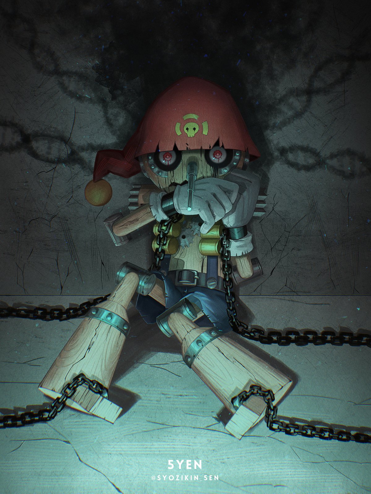 1boy, 5-en, artist_name, belt, chain, covering_mouth, digimon, digimon_(creature)