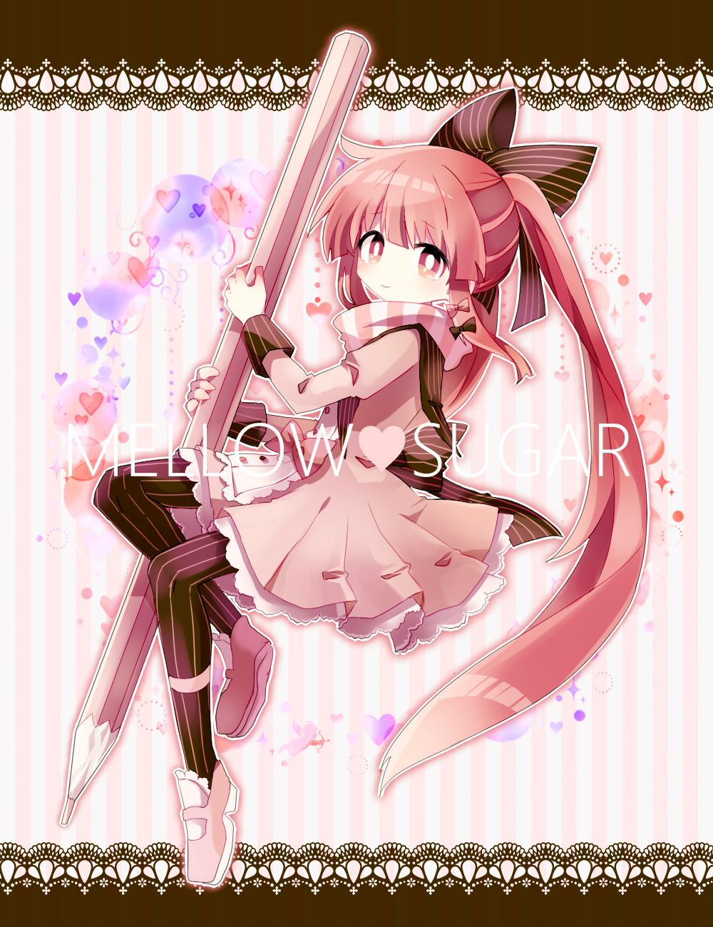 1girl, black_pantyhose, bow, bright_pupils, brown_bow, brown_ribbon, character_name, closed_mouth