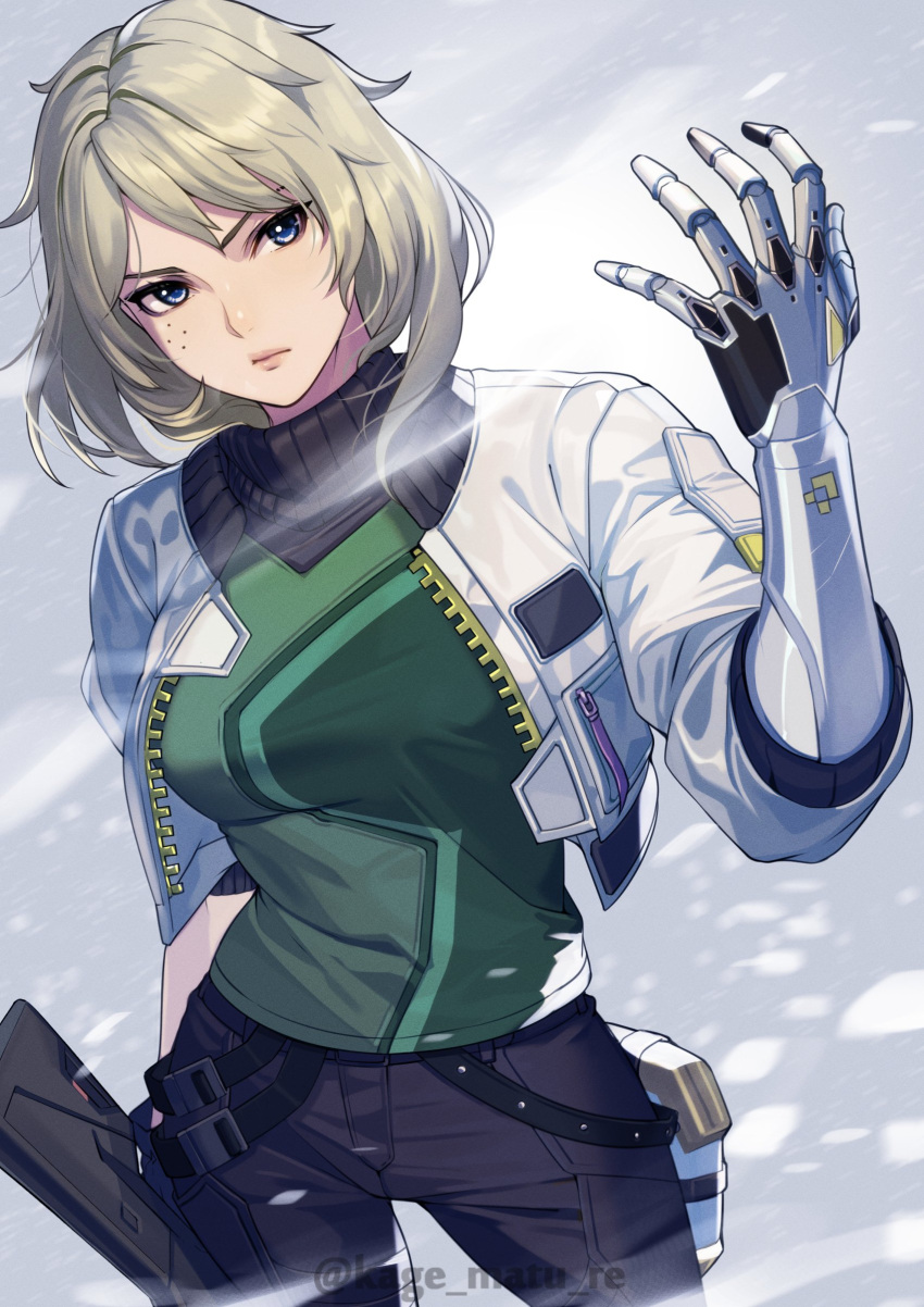 absurdres, arm_up, black_pants, blonde_hair, blue_eyes, commentary, cropped_legs, deadlock_(valorant)