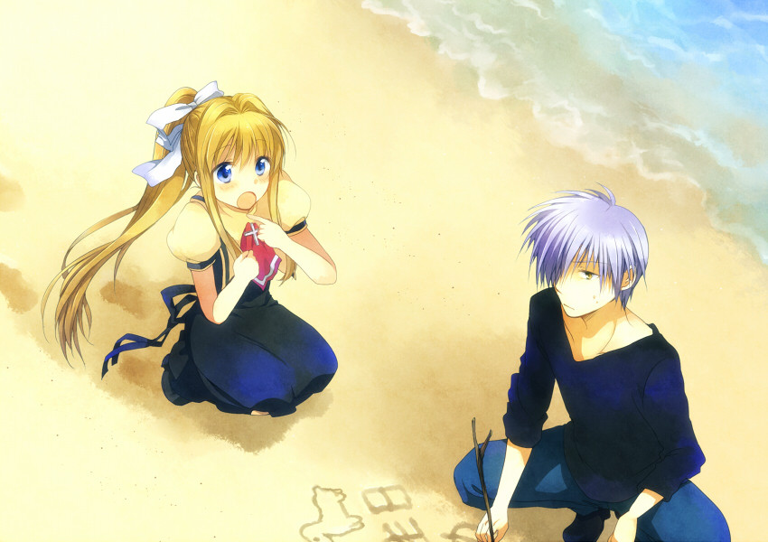 beach, blonde_hair, blue_eyes, blue_hair, dinosaur, hair_over_one_eye, kamio_misuzu, kunisaki_yukito