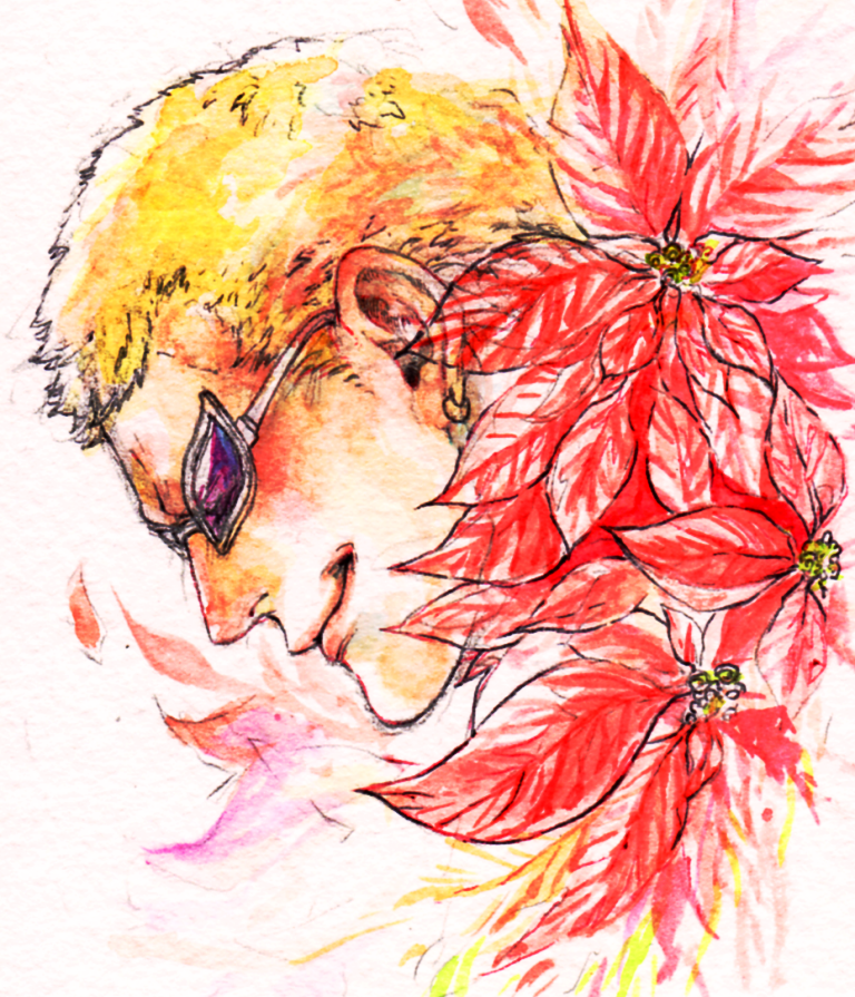 1boy, blonde_hair, donquixote_doflamingo, earrings, feather_coat, flower, flower_costume, jewelry