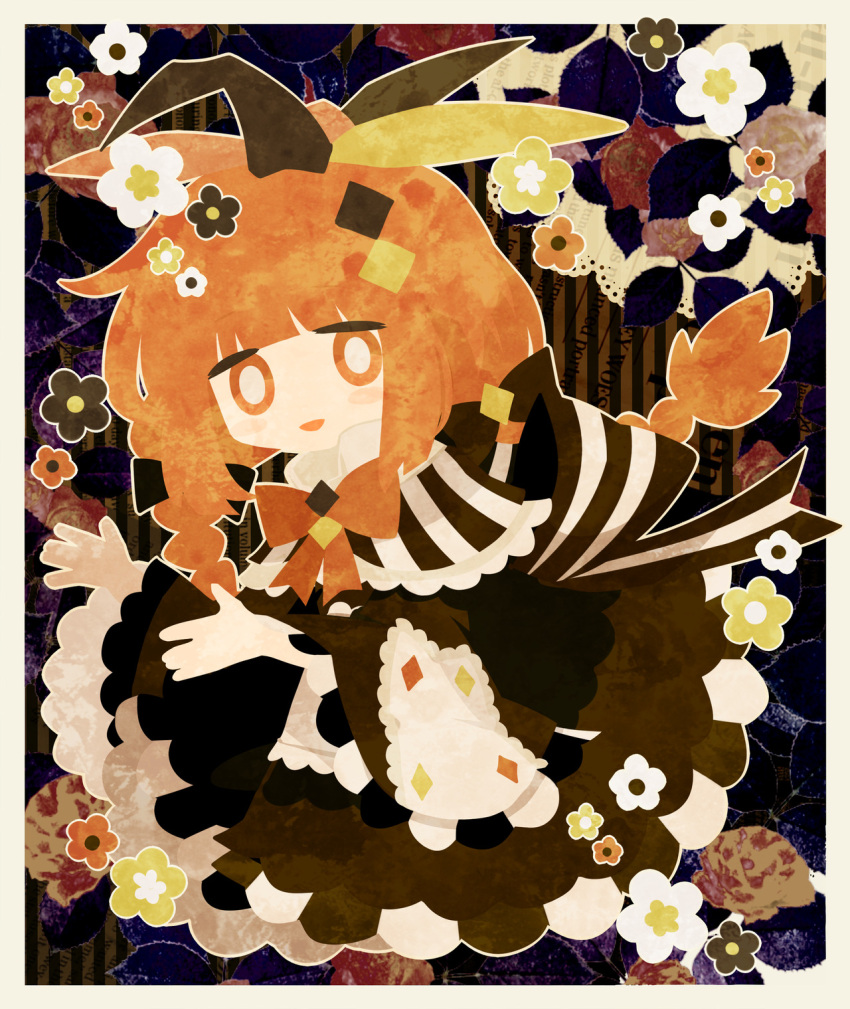 1girl, black_dress, black_flower, blush_stickers, border, braid, bright_pupils, commentary, diamond_hair_ornament, dress, english_commentary, flower, highres, lapin_farbe, long_hair, long_sleeves, low_twin_braids, neck_ribbon, no_lineart, no_nose, open_mouth, orange_eyes, orange_flower, orange_hair, orange_ribbon, original, pale_skin, ribbon, smile, solo, twin_braids, usagi_nui, white_border, white_flower, white_pupils, wide_sleeves, yellow_flower