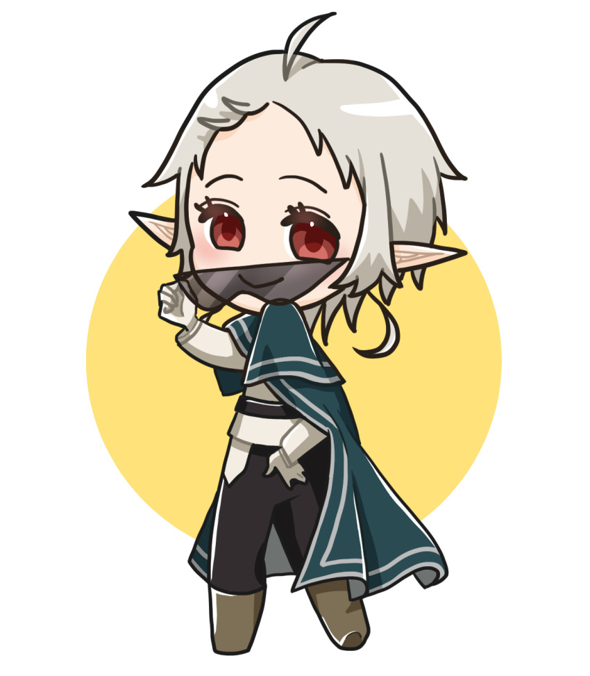 1girl, 69_illust, ahoge, black_pants, cloak, closed_mouth, elf, eyewear_removed